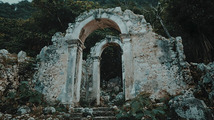 Overgrown stone archway ruins in jungle; mysterious ancient gateway; travel adventure background; historical site exploration