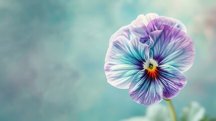 A beautiful close-up of a purple pansy flower in full bloom against a soft blue background.