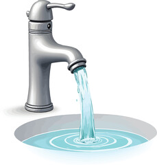 Illustration of water faucet tap with running water in sink for plumbing and water conservation concept