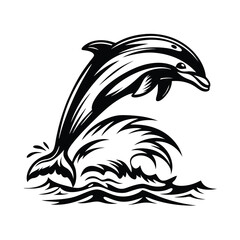 Black Dolphin Silhouette with White Spots, Aquatic Mammal Leaping on White Background