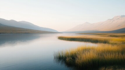 Obraz premium Serene landscape of mountains surrounding a calm reflective lake