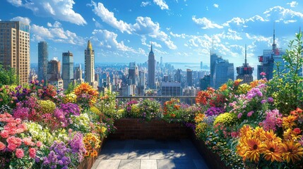 Vibrant Rooftop Garden with NYC Skyline