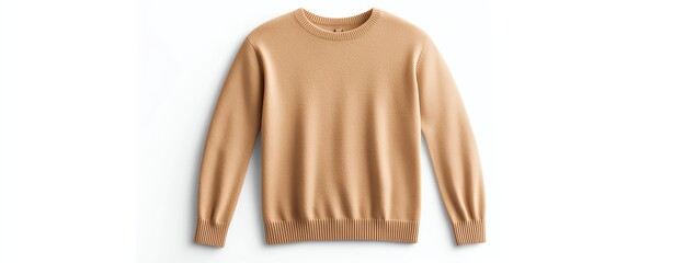 Isolated on white, beige cashmere long sleeve sweater with ribbed cuffs and hem, premium soft texture, realistic photo