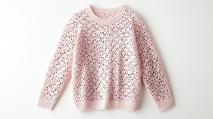 Obraz premium Isolated on white, delicate laceknit long sleeve sweater in soft blush pink, romantic and feminine aesthetic, realistic photo
