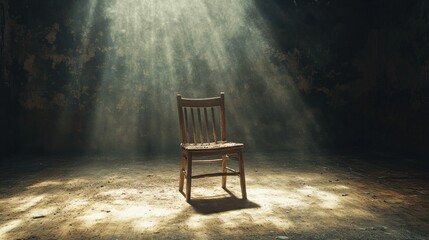 Empty chair bathed in ethereal light in a dimly lit room