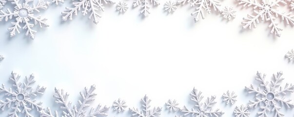 Intricate snowflake border on a white background, elegant, winter wonderland, frosty