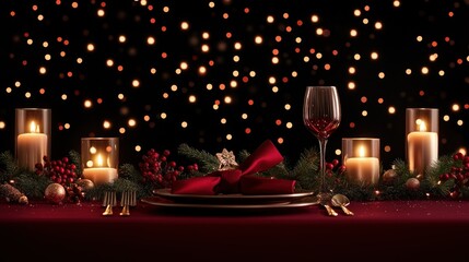 Festive Christmas Table Setting With Candles And Wine