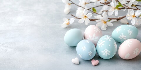 Obraz premium Pastel Easter Eggs and Blossoming Branches Decor