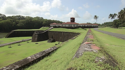 Historic fort overlooking lush green landscape.  Possible use Stock photo for travel brochures or historical site promotion