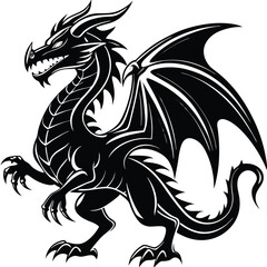 Black Dragon Tribal Silhouette with Wings, Claws, and Horns Isolated on White