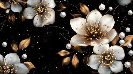 Fototapeta premium Floral background with white blossoms and golden leaves for web design or print
