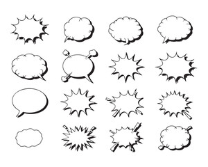 Naklejka premium Hand-drawn comic speech bubble and explosion shape icon set vector, black outline dialog and action elements for comics, pop art, graphic design, stickers, memes, and creative projects