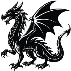 of Dragon with Wings, Claws and Horns in Black Silhouette on White