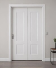 Modern white wooden interior doors, various open/closed positions  Clean, minimalist aesthetic , photography, studio, door on white