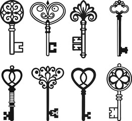 Black Key Design Collection on White Background for Micro stock. Antique and Modern Black Key Illustrations for Branding and Logos. Decorative Black Key Set Featuring Vintage and Minimalist Styles