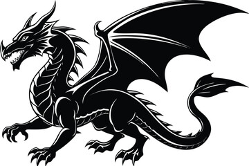 Detailed Black Dragon with Wings, Sharp Claws, Spiked Body in Side Profile View