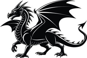 Fierce Dragon Silhouette, Black and White with Wings and Spiked Tail Art