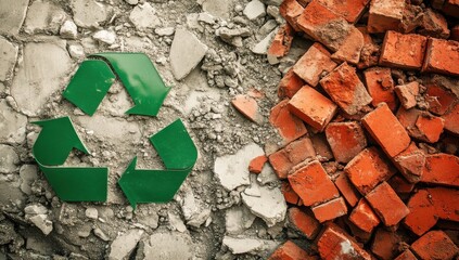 A green recycle symbol on a pile of rubble, contrasting with a pile of red bricks