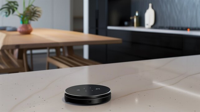 Photorealistic image of a digital kitchen puck sensor in a modern studio setting