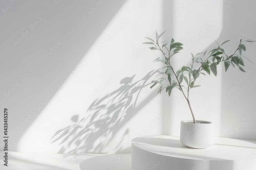 Poster 白い背景に白い鉢植えの緑の葉と影のミニマルな静物光線が入るモダンなインテリアデザイン