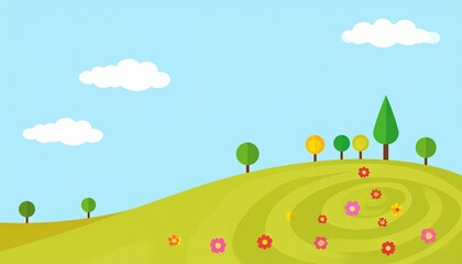 Colorful flowering landscape with lush green hills nature illustration bright sunny day peaceful environment aerial view