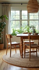 Obraz premium Cozy dining room with wooden furniture and greenery by sunlit window