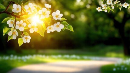 Obraz premium Spring blossoms backlit by sunlight in a park setting