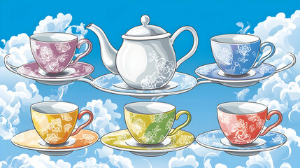 Fototapeta premium Colorful teacups and teapot floating on clouds, whimsical tea party scene, perfect for children's book illustration
