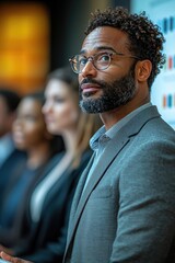 Obraz premium Focused African American Businessman Listens Attentively During Conference.