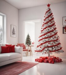 Sleek white living room, red & white minimalist Christmas tree ,  white christmas,  christmas decoration,  season