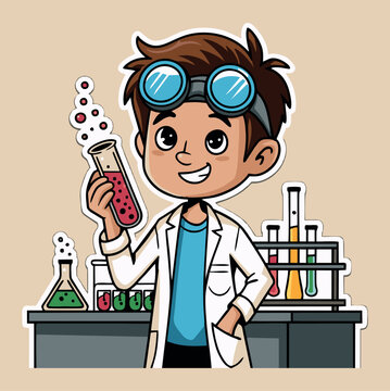 27.epsEk chhota scientist cartoon character jo ek test tube mein chemical hold kar raha hai. Usne white lab coat, blue shirt aur goggles pehne hain. Peeche chemistry lab ke glassware dikh rahe hain&mdash;ye