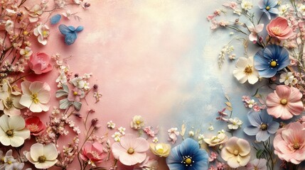 Floral arrangement displays cherry blossoms, pastel flowers, butterfly, delicate beauty, tranquil elegance, watercolor painting.