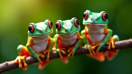 Three Cartoon Tree Frogs On Branch
