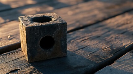 A simple stone cube with holes rests on weathered wooden planks