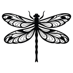 Black Silhouette Dragonfly, Floral Patterned Wings, Insect on White Background, Isolated