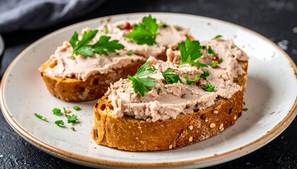 Crusty bread generously spread with smooth liver pate and fresh herbs. Tasty snack for lunch.
