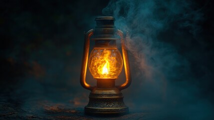 Ancient lantern, warm light, mystic fog