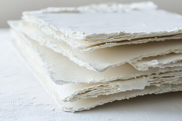 Stacked sheets of handmade white paper with rough edges.