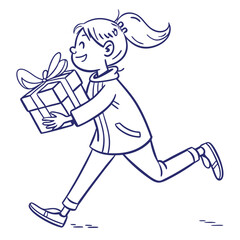 Cartoon Girl Running with Gift, Line Art Style, Happy, Isolated on White, Outline