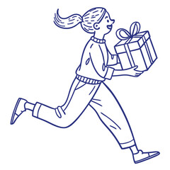 Line Art Joyful Woman Runs with Gift, Navy Outline, Ponytail, Casual Clothes, White Back