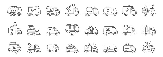 Public service municipal transport line icon set. Vector pictograms of sewer, inspection, firefighting, rescue, ambulance, graffiti removal, water tanker, thin linear illustration.