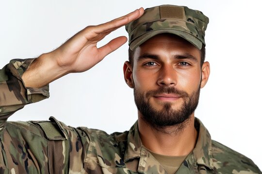 Military personnel saluting in uniform with a confident smile on a neutral background - Powered by Adobe