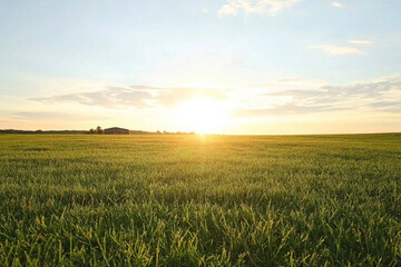 Beautiful sunset casts warm colors over rolling green hills and a small farm surrounded by nature's tranquility