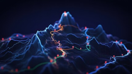Abstract representation of geographical terrain with highlighted routes.