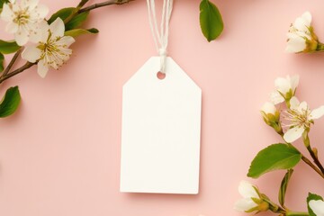 Blank tag surrounded by blooming branches on a pastel pink background for creative labeling or gift decoration