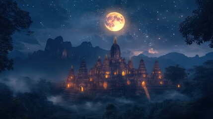 Naklejka premium Temple complex illuminates under moonlight, pagoda standing as tranquil icon surrounded by forest, mountains.