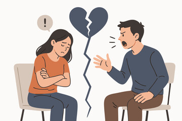 Relationship Conflict Vector Illustration with Broken Heart, Couple Arguing on Chairs, Emotional Distress Scene for Therapy Resources, Relationship Counseling, and Divorce Concept Minimalist Design