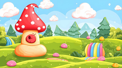 Obraz premium Fantasy mushroom house in whimsical landscape; hills, rainbow, candy; children's book illustration