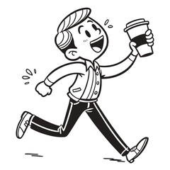 Cartoon Man Running with Coffee Cup, Line Art Illustration, Smiling, Fast Pace, Happy