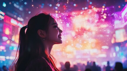 Young Asian woman watching stage, dreaming during concert, experiencing pure joy, happiness at lively performance.